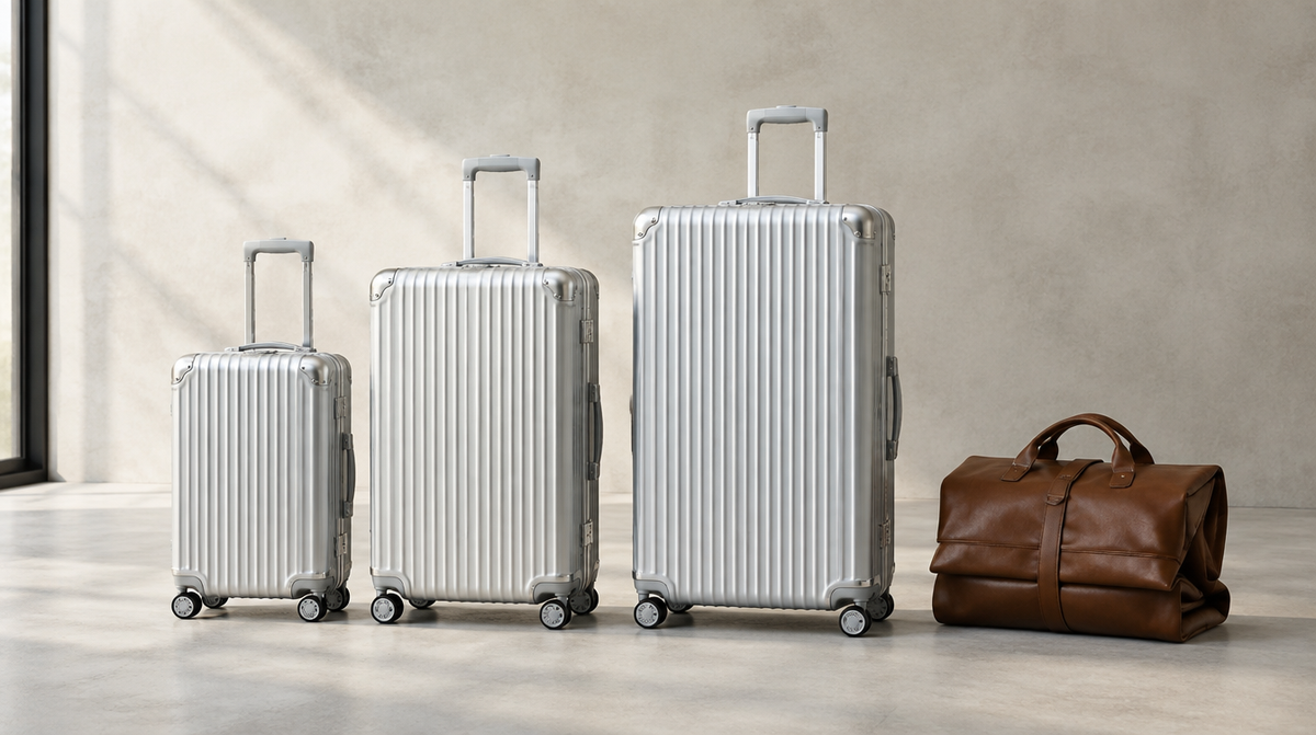 Aluminium suitcases in different sizes beside a leather travel bag