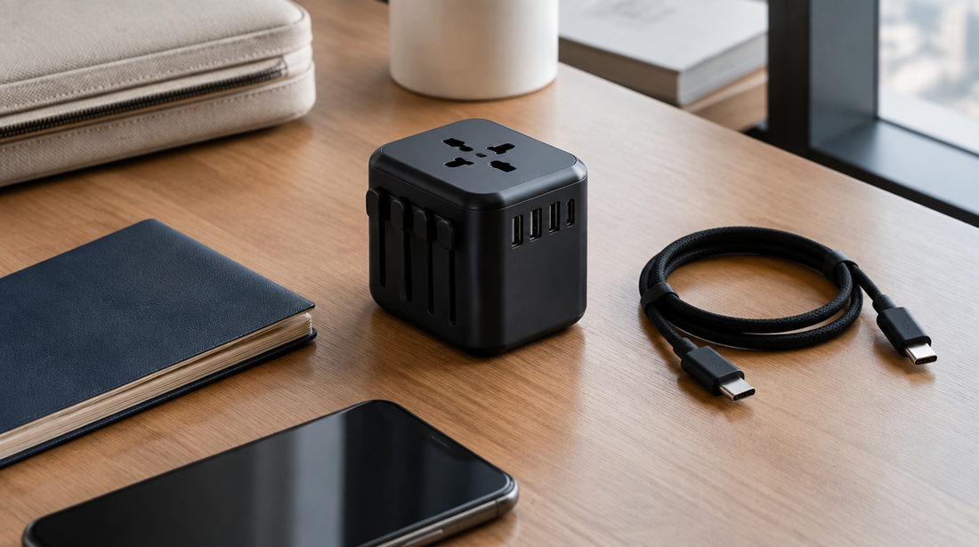 Adattatore universale da viaggio e cavi USB-C sulla scrivania dell’hotel accanto a un passaporto